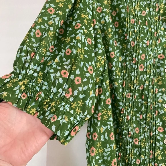 Trovata Gemma Green Floral Ruffle Collar Pleated Smock Sleeve Cotton Blouse - Picture 3 of 6